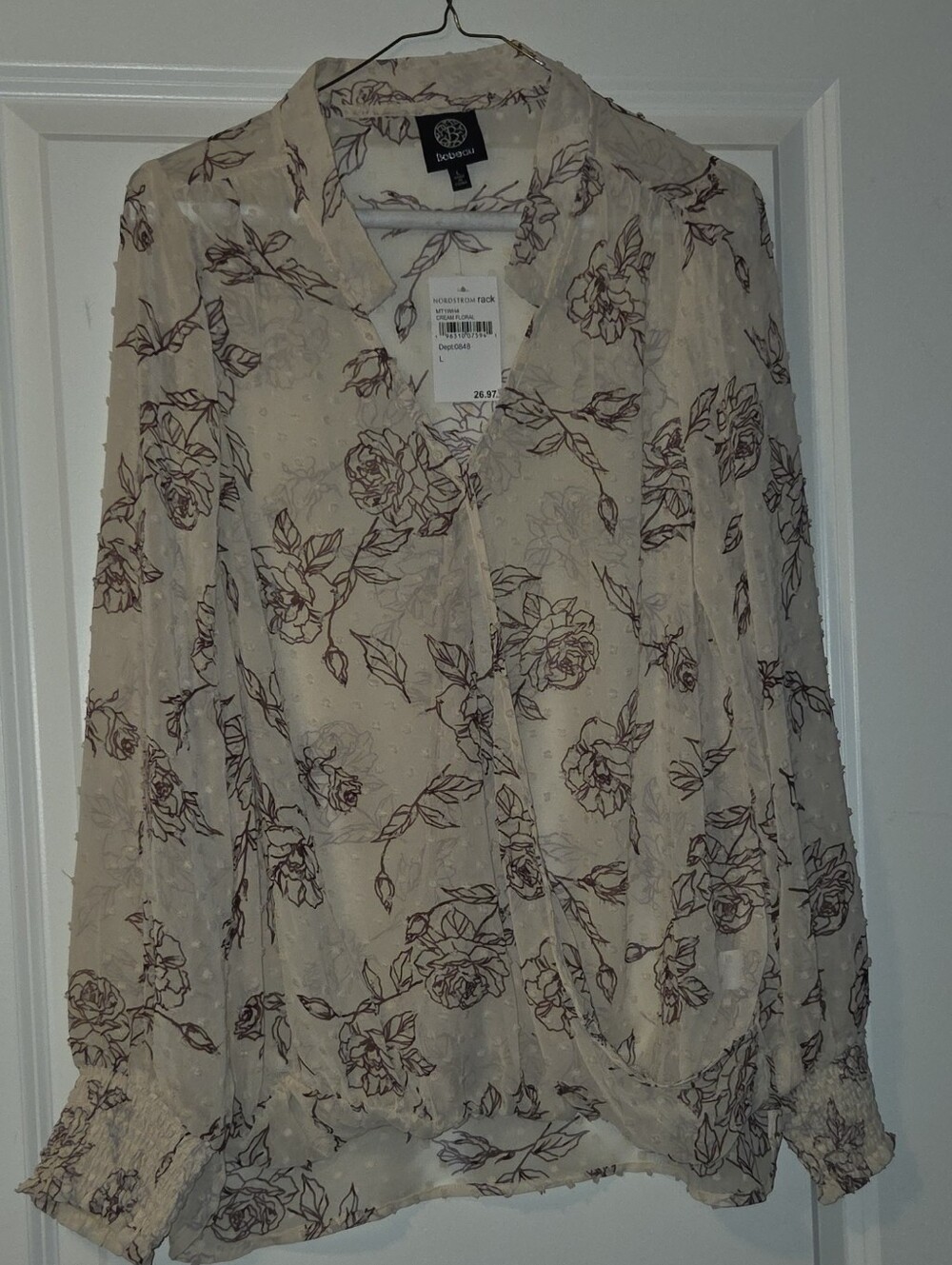 Bobeau Cream Blouse with Brown Floral Print